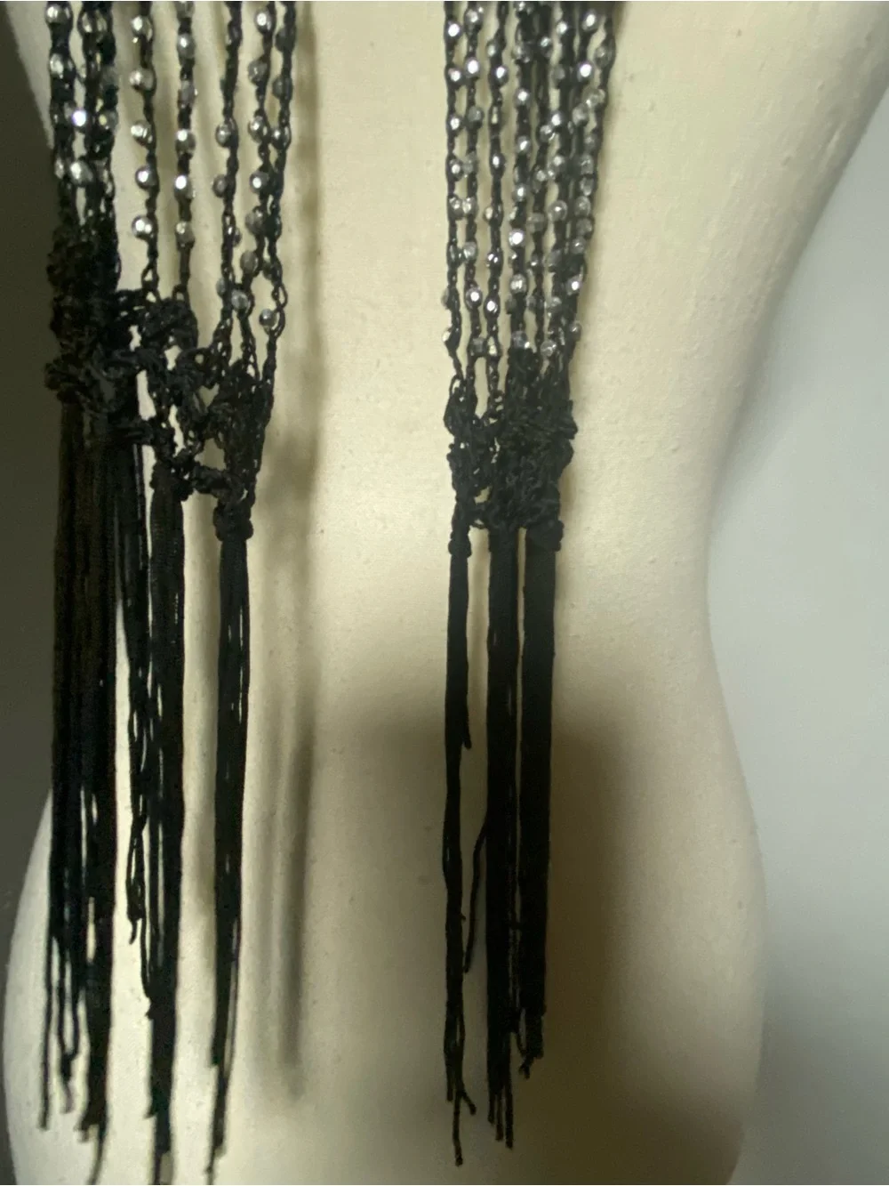 Y2K Black & Silver Beaded Crochet Fringe Skinny Scarf - Picture 5 of 5